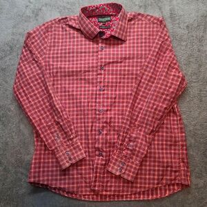 Inserch Button Up Shirt Mens 2XL Red Plaid Long Sleeve Contrast Trim Cotton